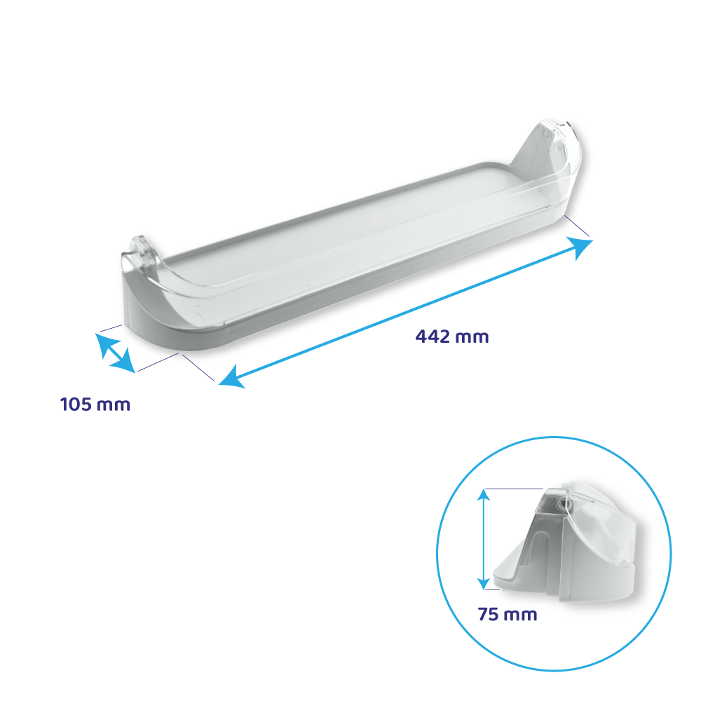 Ein durchsichtiges Kühlschrankregal aus Kunststoff. Abmessungen sind beschriftet: 442 mm lang, 105 mm breit und eine Detailansicht mit 75 mm Höhe.
