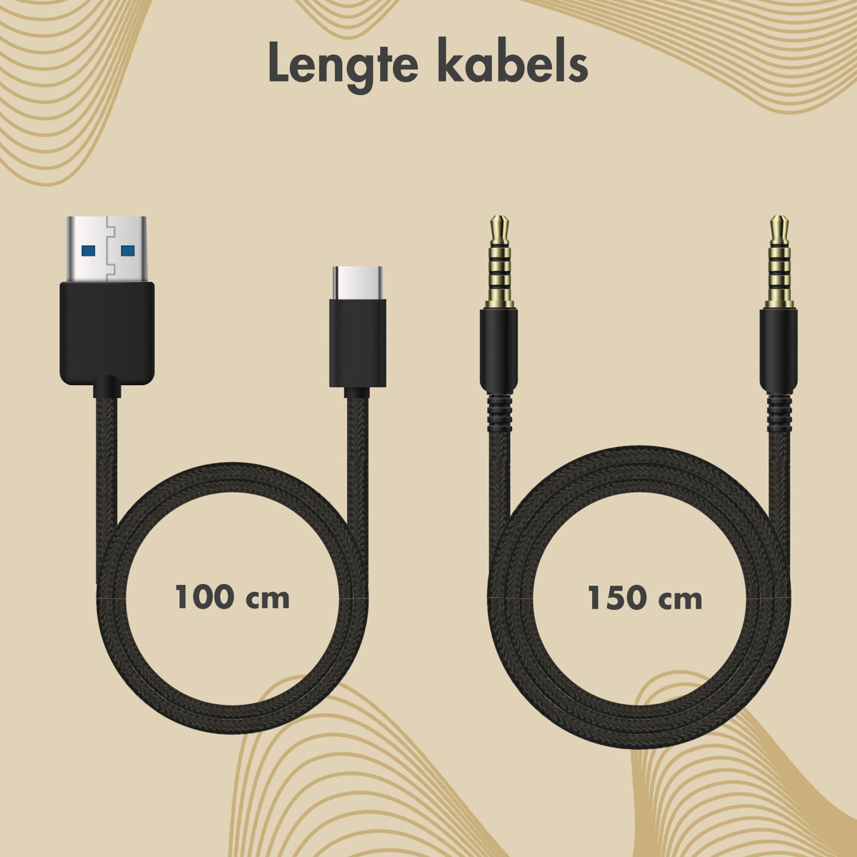 Afbeelding toont kabels met verschillende connectoren: USB, USB-C en audio jack. Ze hebben lengtes van 100 cm en 150 cm.