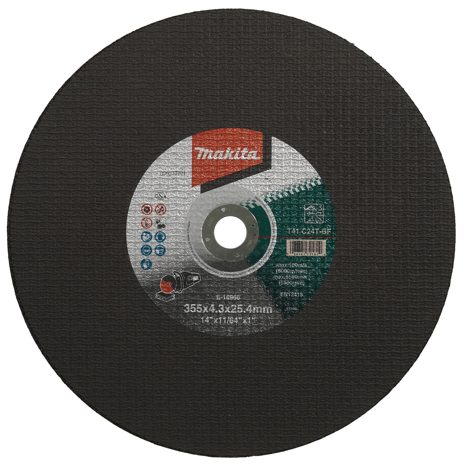 Un disco da taglio circolare Makita. Superficie nera strutturata con un'etichetta centrale che mostra i dettagli del prodotto e il logo del marchio.