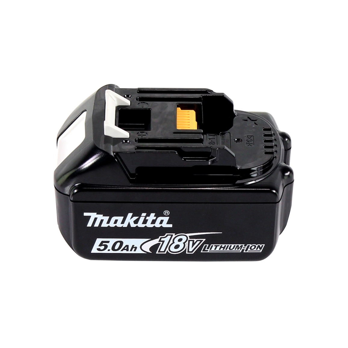 Schwarzer Makita 18V Lithium-Ionen-Akku. Weiße und gelbe Akzente. Der Akku befindet sich auf weißem Hintergrund.
