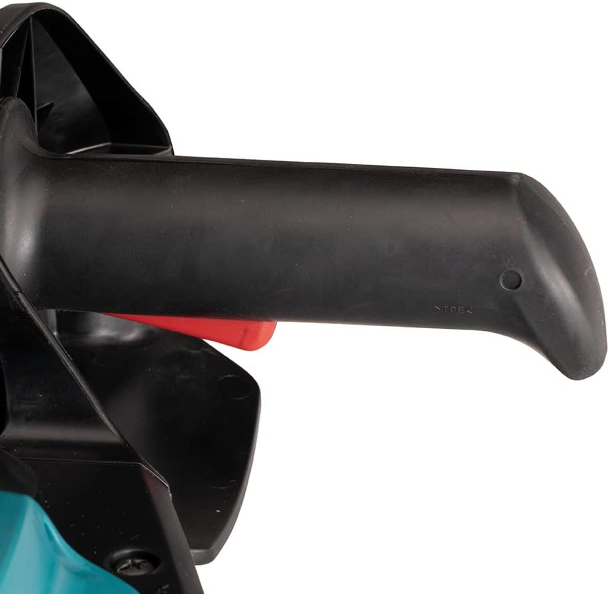Nahaufnahme eines schwarzen Griffs mit rotem Knopf. Der Griff hat ein glattes, gebogenes Design. Ein weißer Hintergrund ist sichtbar.