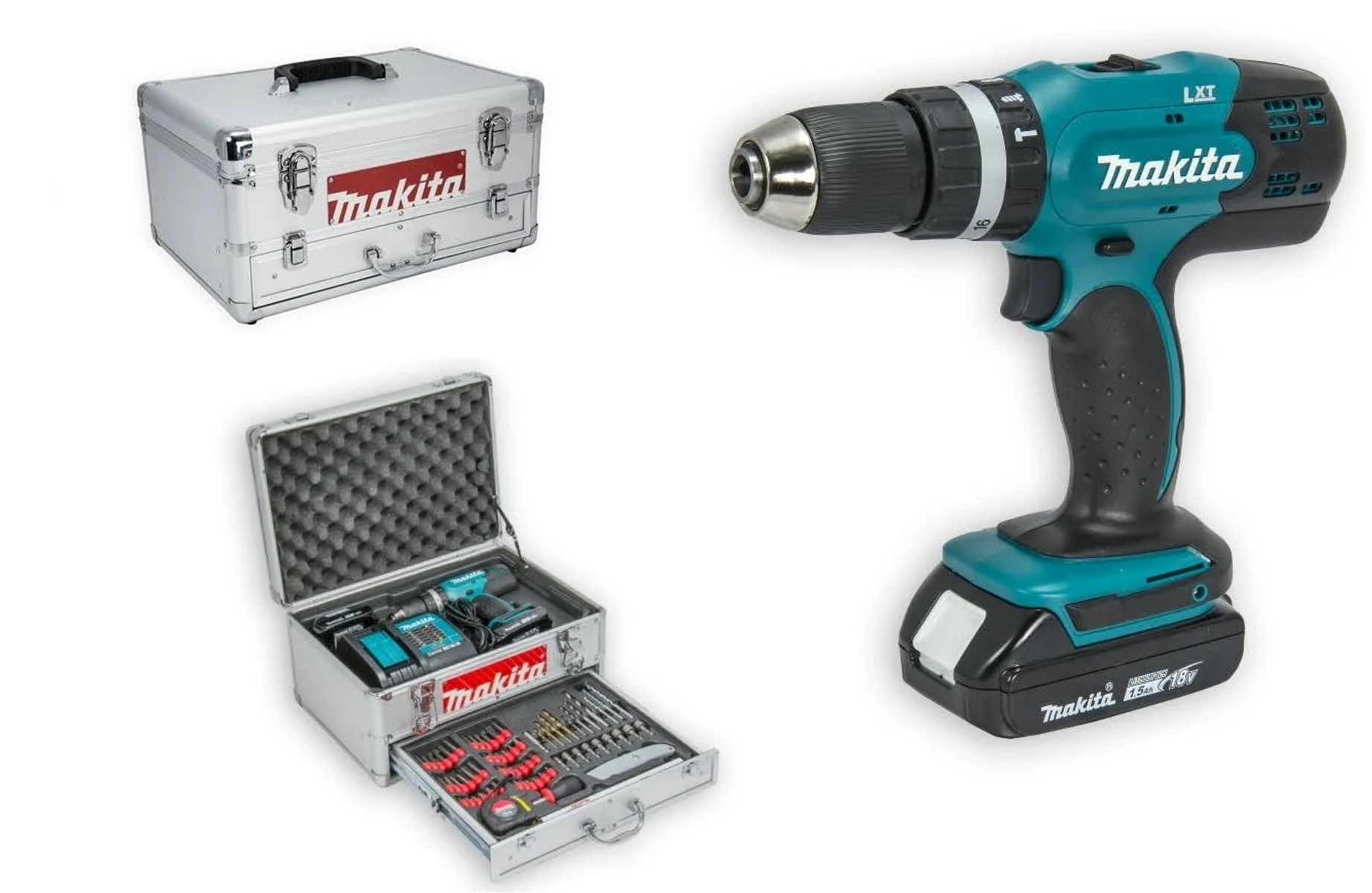 Un trapano Makita e due valigie. Una valigia chiusa, l'altra aperta con utensili. È visibile anche un trapano.