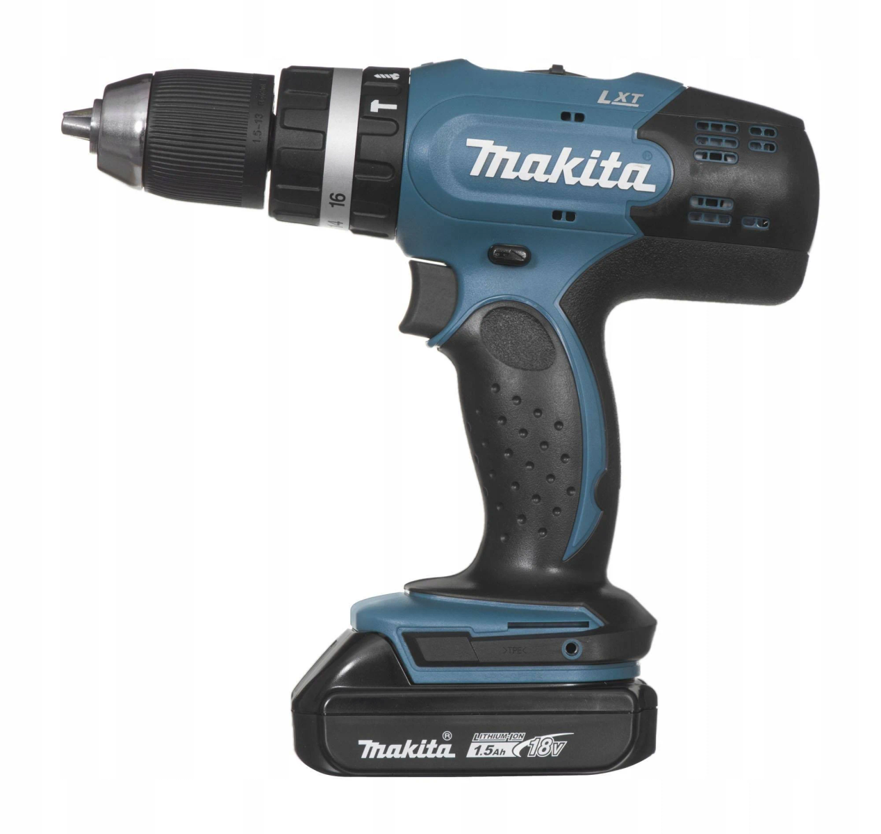 Un trapano a batteria Makita LXT. Il trapano è verde acqua e nero, con una batteria collegata. Il trapano è su uno sfondo bianco.