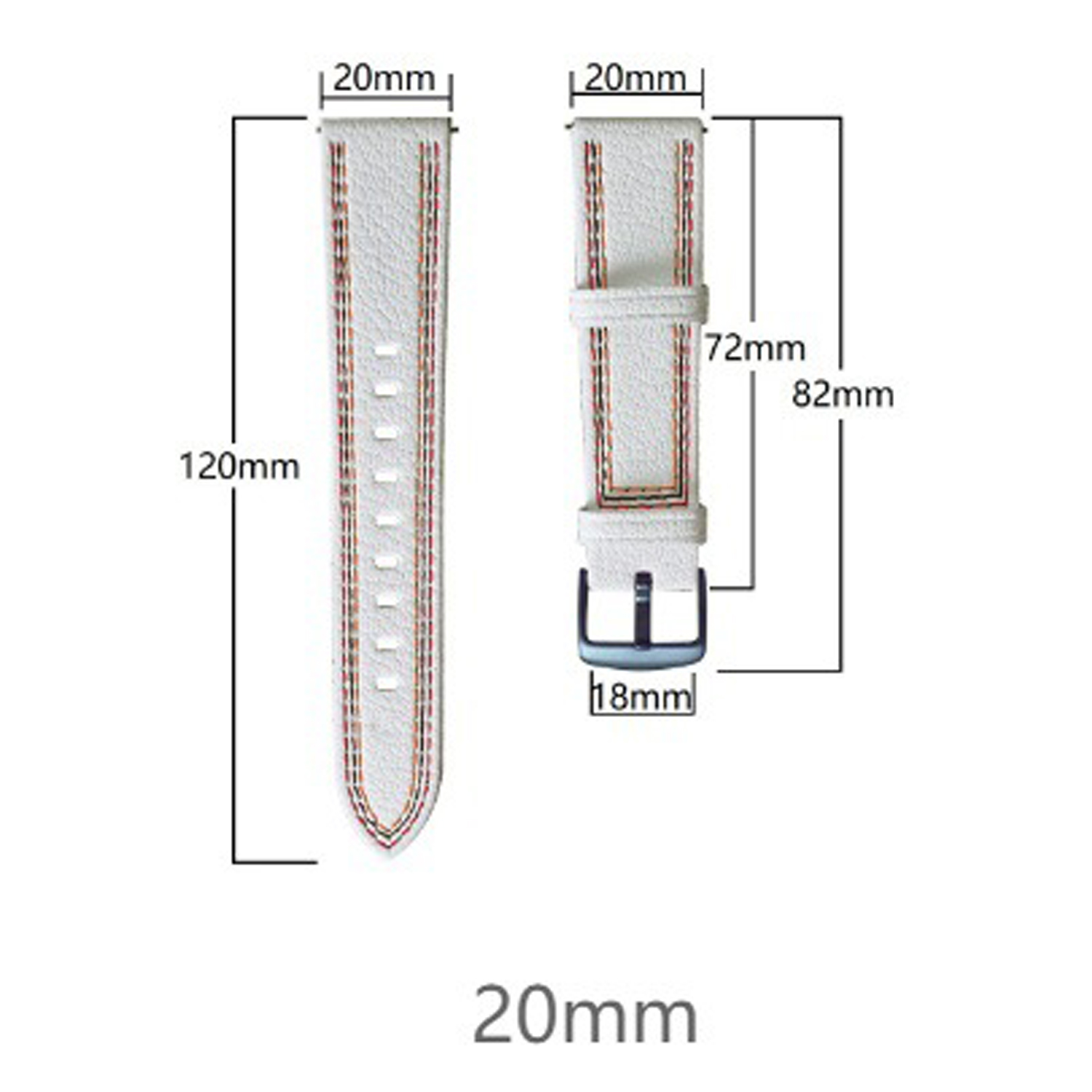 Dwa białe paski do zegarka z wymiarami. Jeden ma długość 120 mm, drugi 82 mm. Oba mają szerokość 20 mm. Obraz na białym tle.