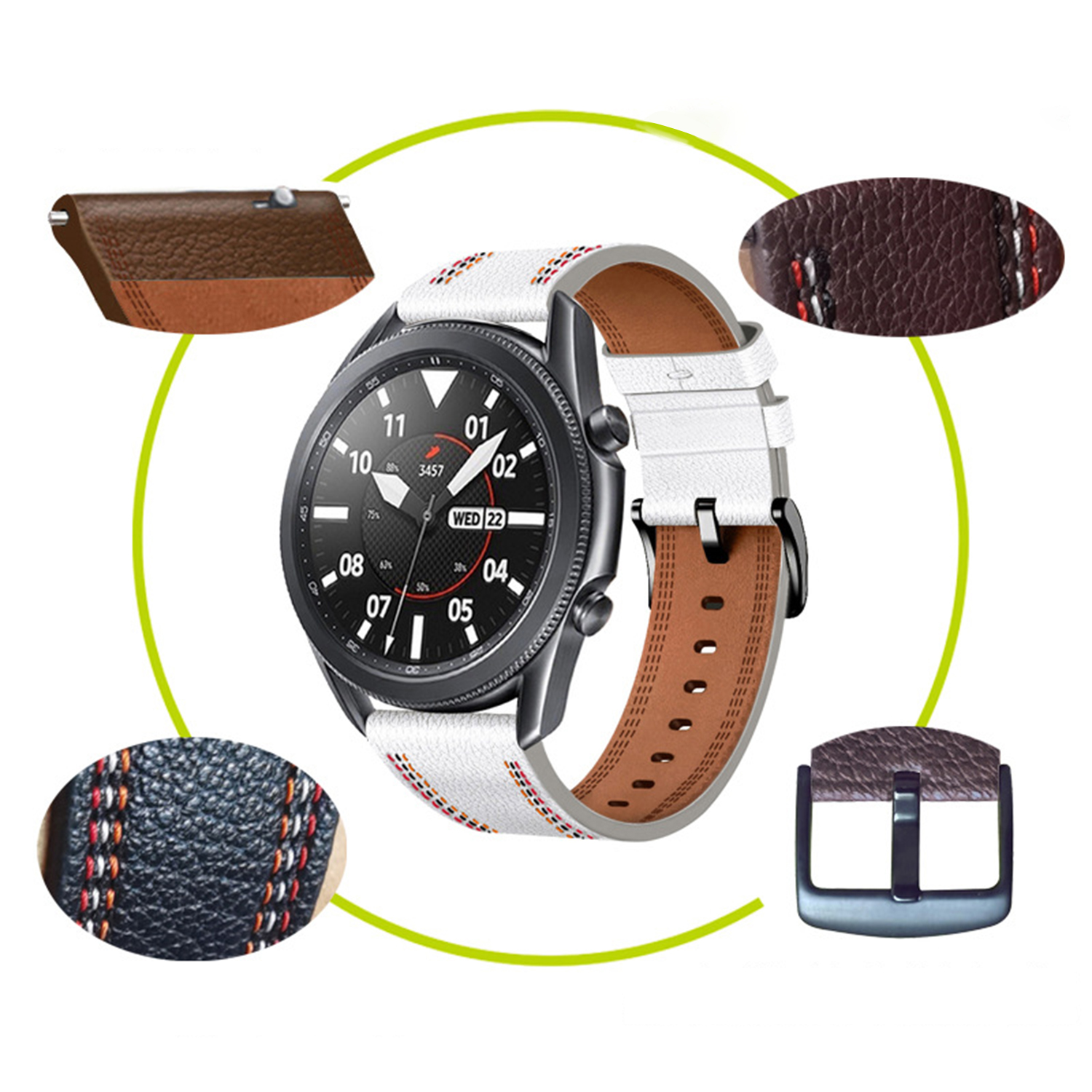 Smartwatch z białym paskiem i brązowymi skórzanymi detalami. Szczegóły paska, tarczy i zapięcia pokazano z bliska.