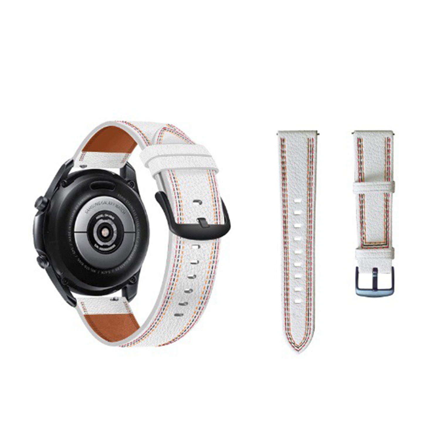 Czarny smartwatch z białym skórzanym paskiem, pomarańczowymi i brązowymi przeszyciami. Widoczne są również dwa odłączone elementy paska.