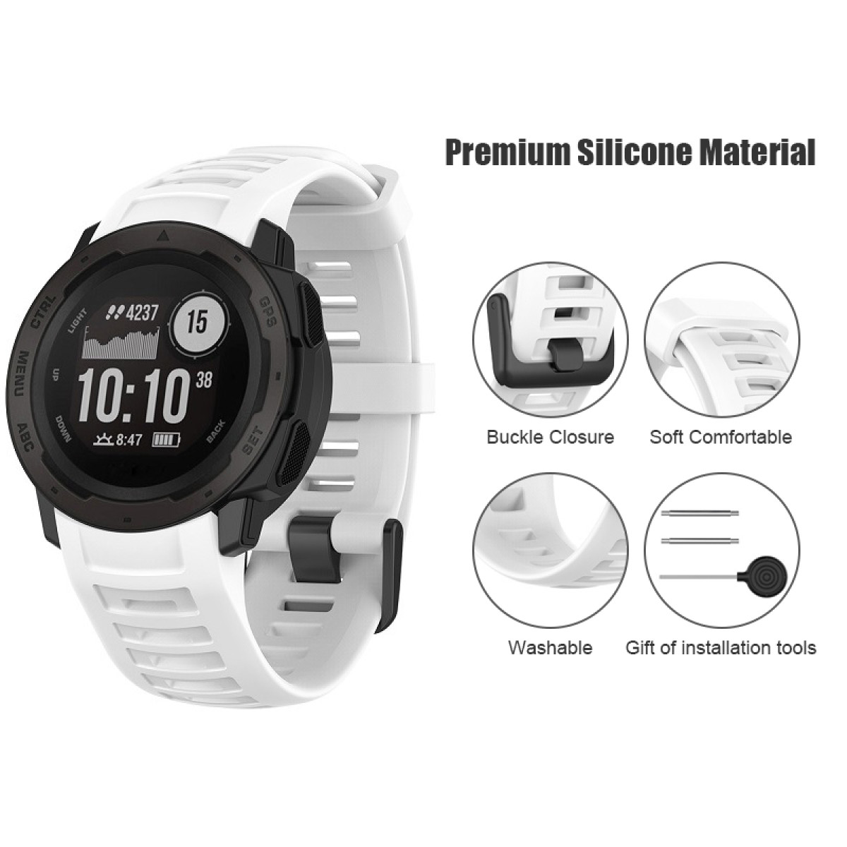 Eine weiß-schwarze Smartwatch mit verschiedenen Funktionen auf dem Bildschirm. Details umfassen Schnallenverschluss, waschbar und Installationstools.