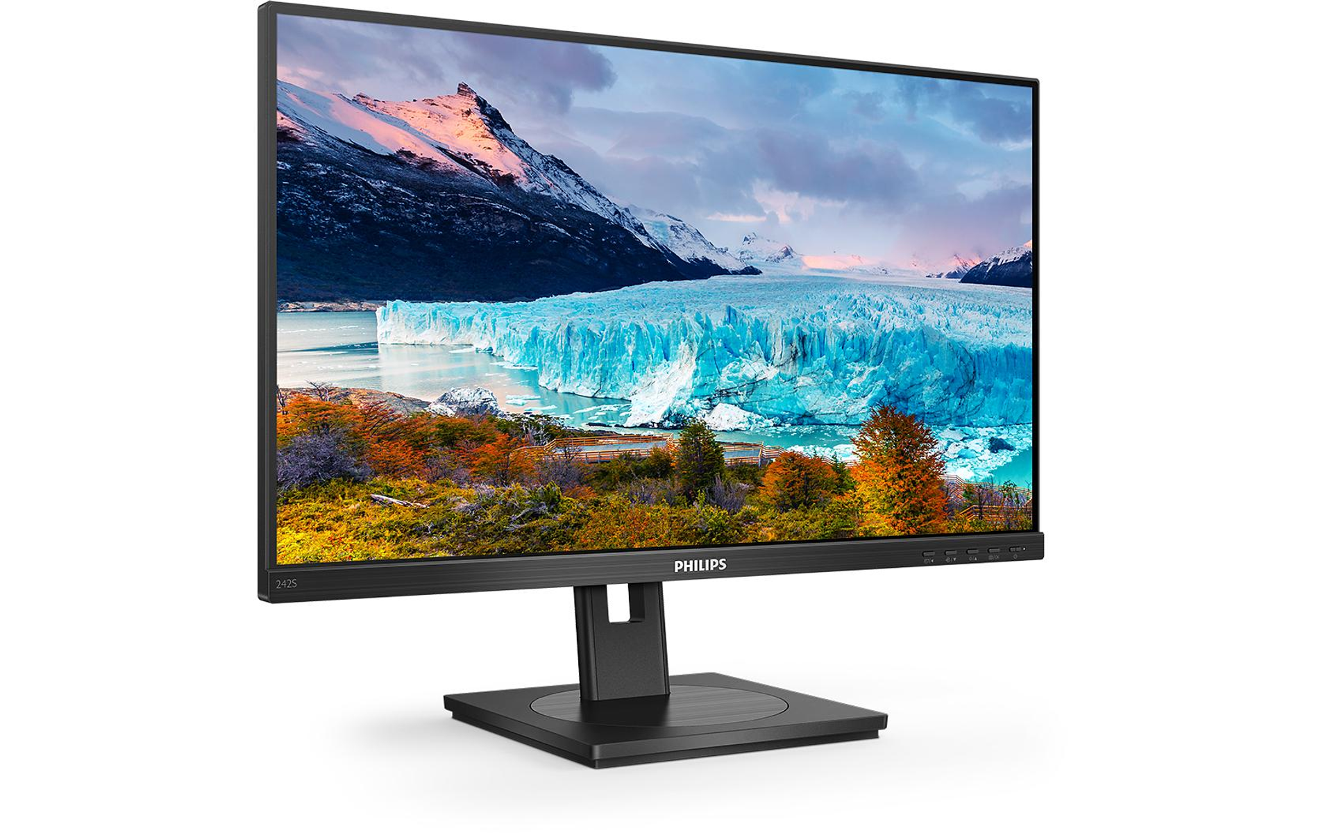 Monitor Philips wyświetla scenę lodowca z górami, lodowatą błękitną wodą i jesiennymi liśćmi. Monitor stoi na czarnym stojaku.