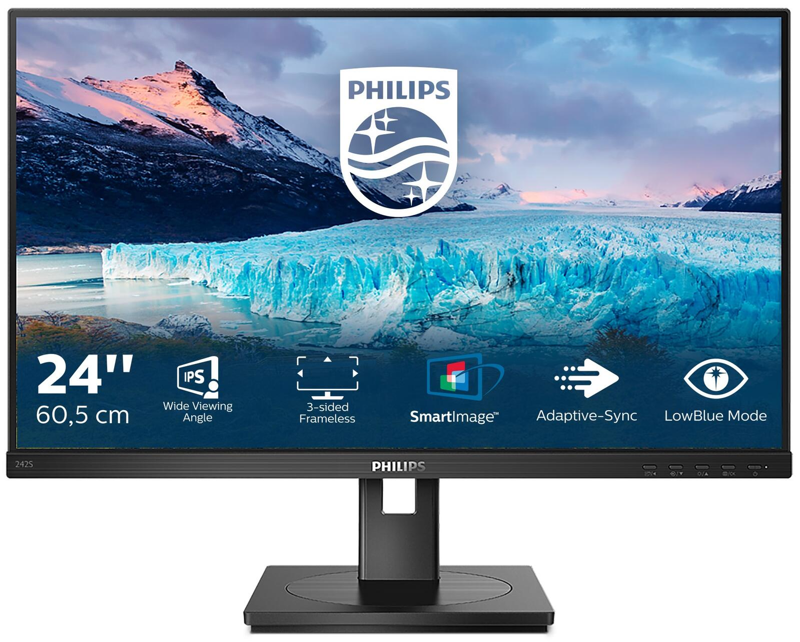Monitor Philips wyświetla scenę lodowca. Cechy: 24", IPS, 3-stronny bezramkowy, SmartImage, Adaptive-Sync i LowBlue Mode.