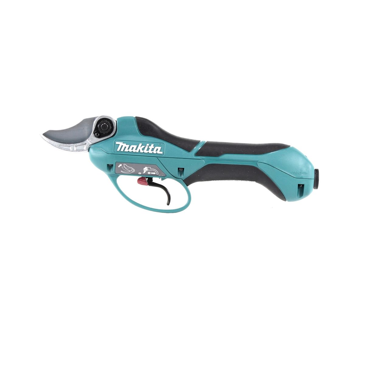 Eine teal- und schwarze elektrische Makita-Baumschere. Sie hat einen Auslöser und eine gebogene Klinge vor weißem Hintergrund.