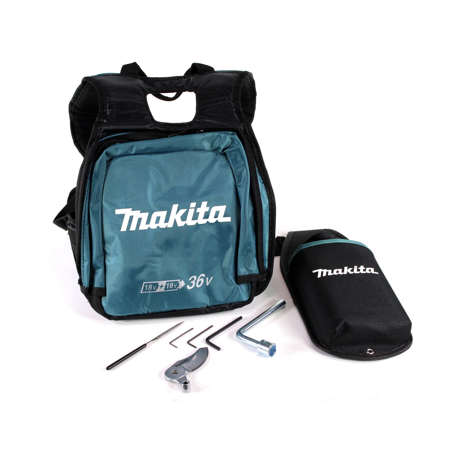 Makita Werkzeugtasche mit Werkzeug. Türkis-schwarze Tasche mit Werkzeug und Zubehör auf weißem Hintergrund.