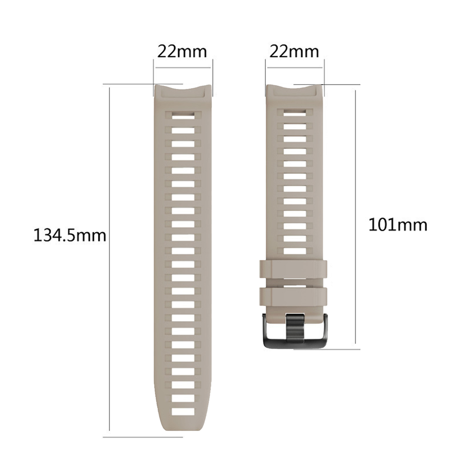 Zwei beige Uhrenarmbänder mit Maßen: 134,5 mm lang, 22 mm breit und 101 mm lang. Ein Armband hat eine Schnalle.