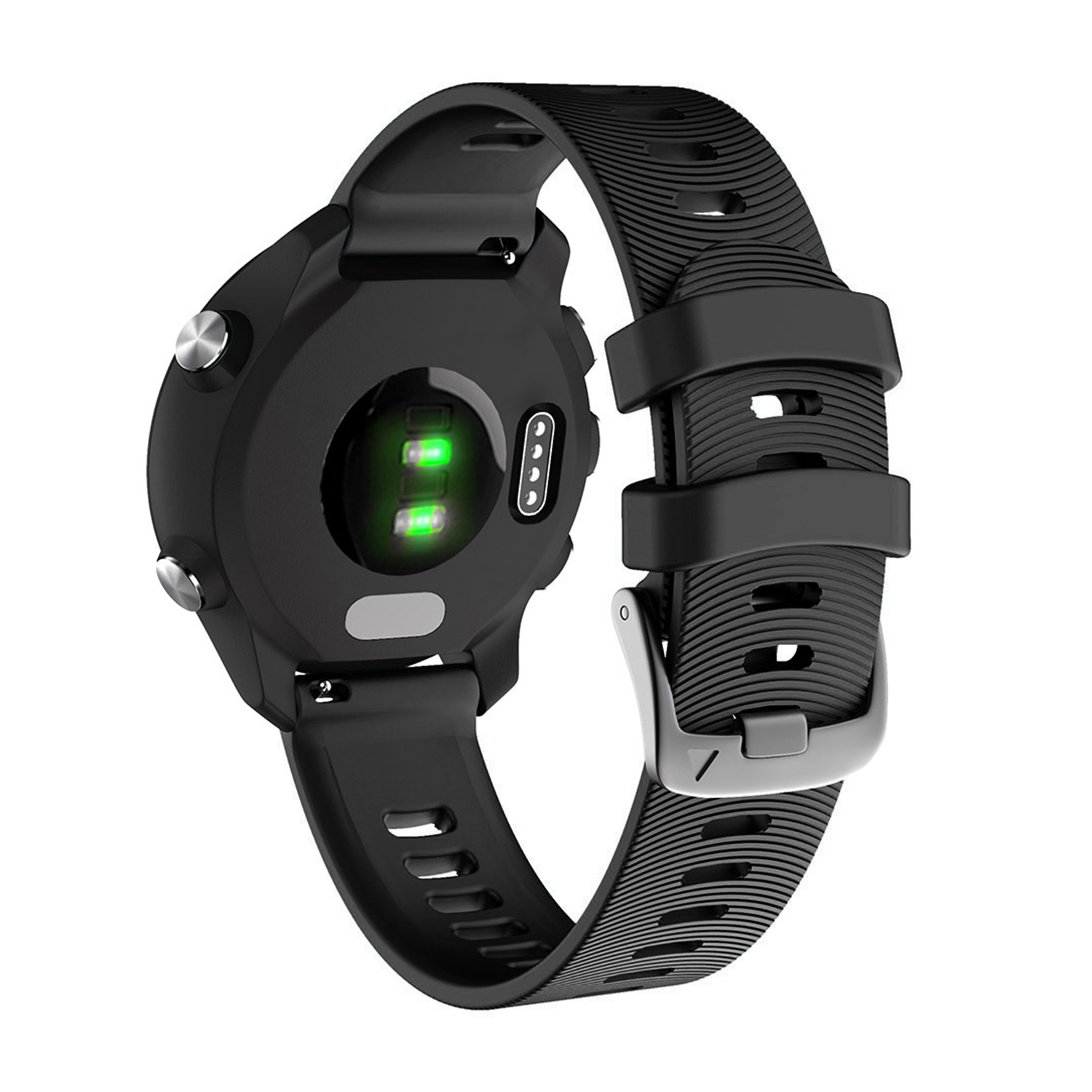 Schwarze Smartwatch mit strukturiertem Armband. Die Uhr hat ein rundes Zifferblatt mit grün leuchtendem Sensor auf der Rückseite.