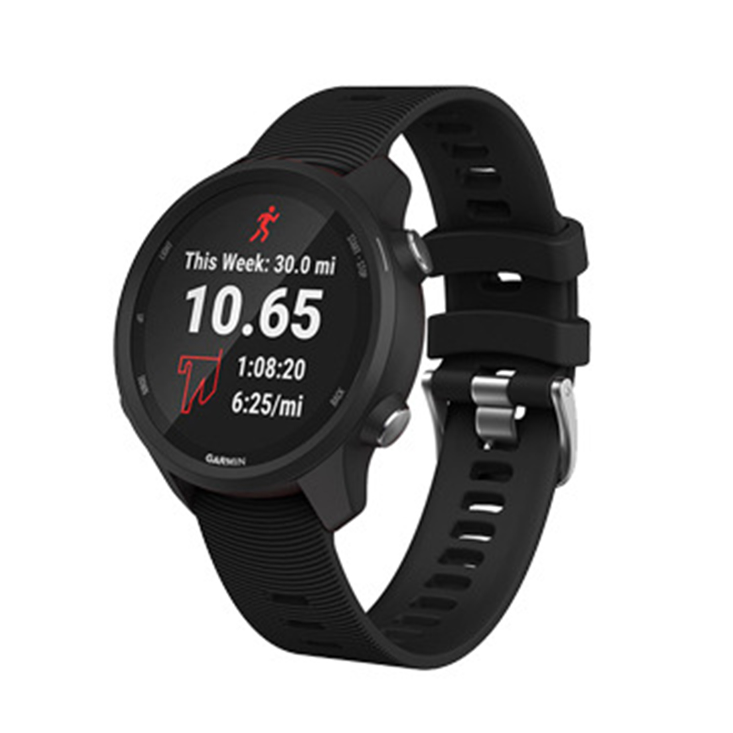 Schwarze Garmin Smartwatch, die Laufdaten anzeigt. Zeigt Distanz, Zeit und Tempo an. Schwarzes Armband mit silberner Schnalle.
