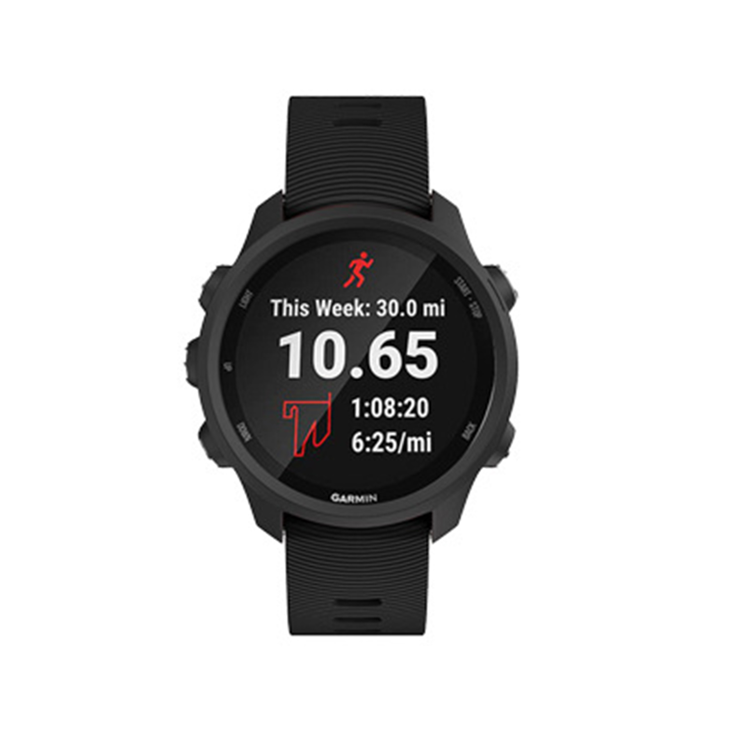 Schwarze Garmin Smartwatch mit Laufmetriken: Distanz 10,65, Tempo 6:25/mi und Zeit 1:08:20. Zeigt die Gesamtstrecke dieser Woche.
