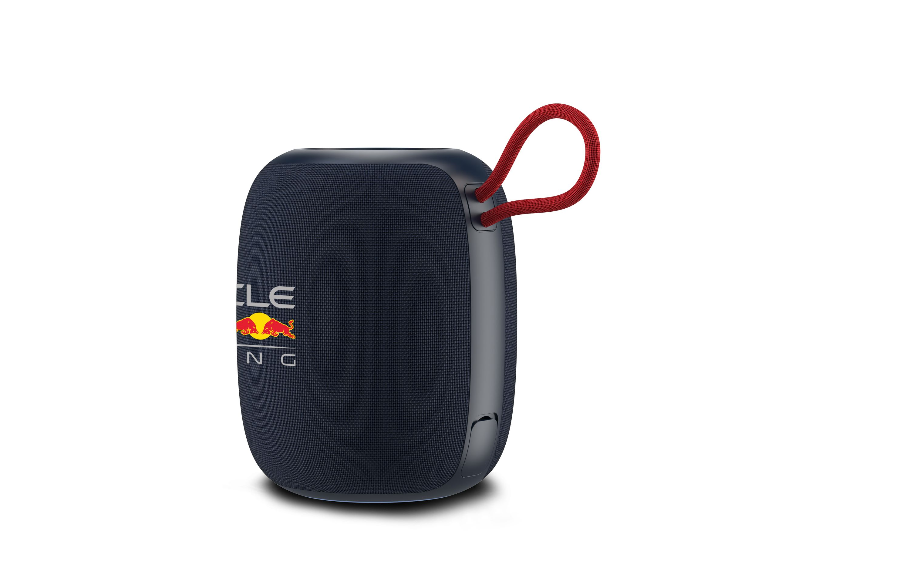 Ein dunkelblauer Lautsprecher mit rotem Griff. Er hat das Oracle Red Bull Racing Logo.