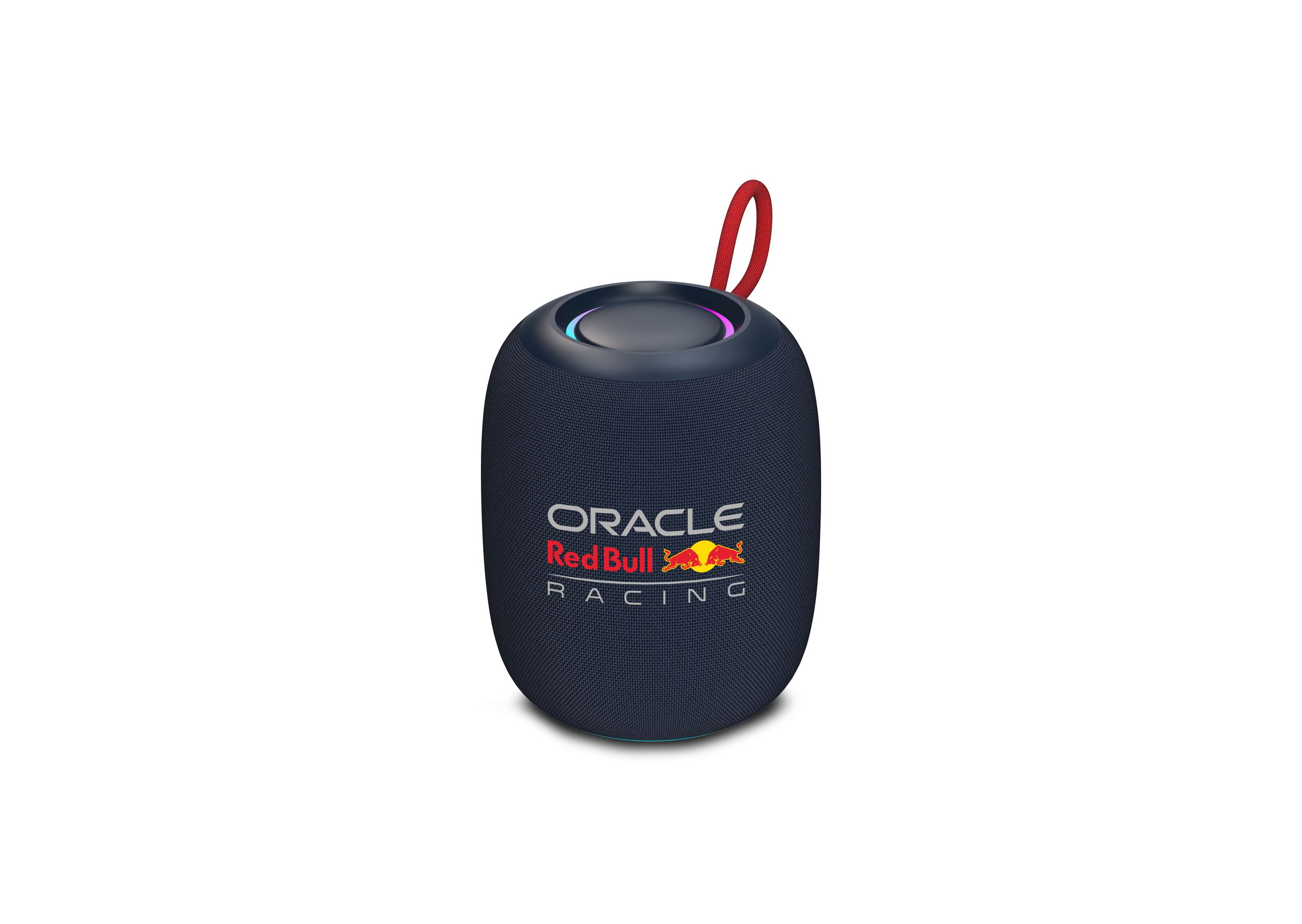 Ein marineblauer, zylindrischer Lautsprecher mit rotem Riemen. Er hat das Oracle Red Bull Racing Logo.