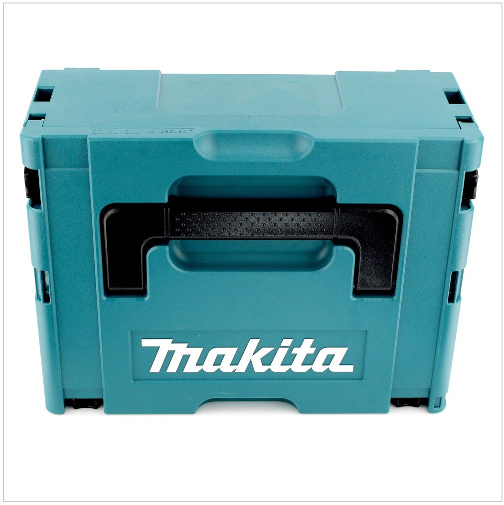 Eine türkisfarbene Makita-Werkzeugkiste mit schwarzem Griff und dem weißen Makita-Logo. Auf weißem Untergrund.