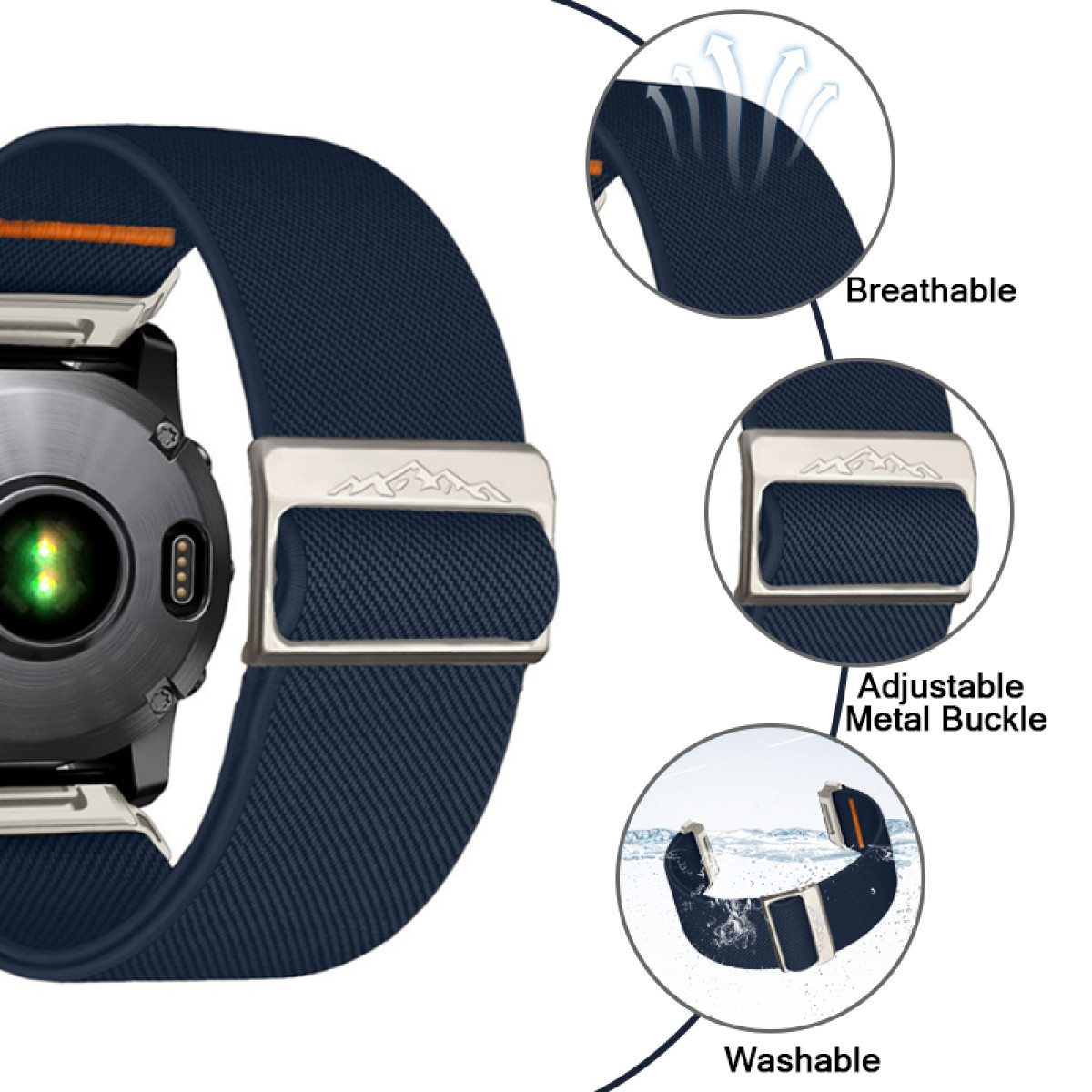 Marineblaues Uhrenarmband mit Metallschnalle. Merkmale sind atmungsaktiv, verstellbare Schnalle und waschbar. Uhrenrückseite sichtbar.