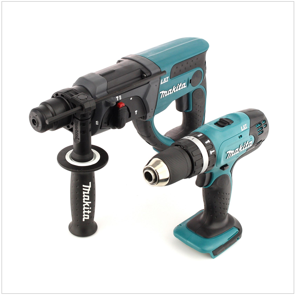 Due trapani elettrici Makita su sfondo bianco. Uno è un trapano a percussione, l'altro è un trapano/avvitatore. Entrambi sono verde acqua e neri.