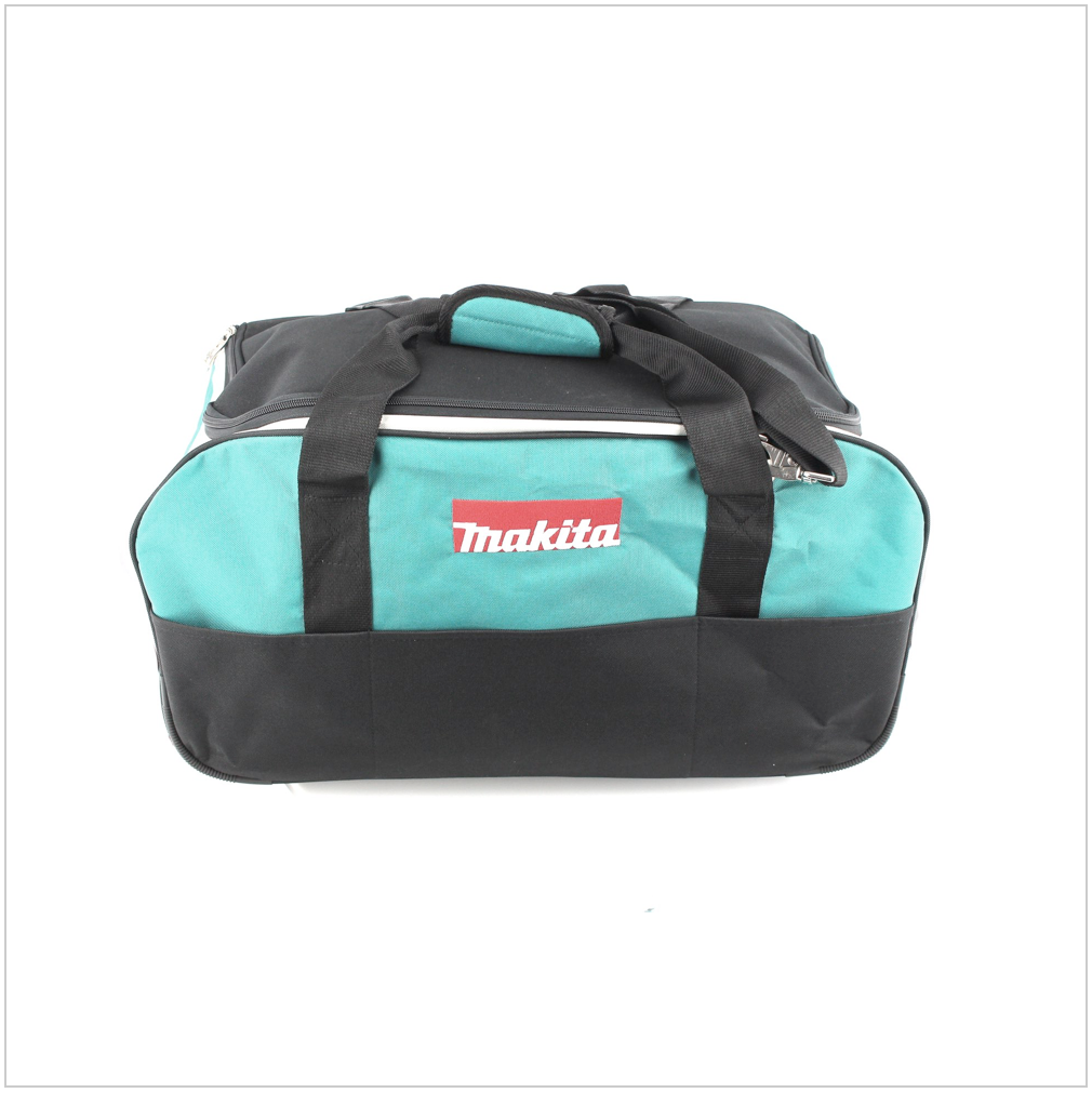 Una borsa porta attrezzi Makita. È verde acqua, nera e grigia con il logo Makita. La borsa ha due manici e una cerniera.
