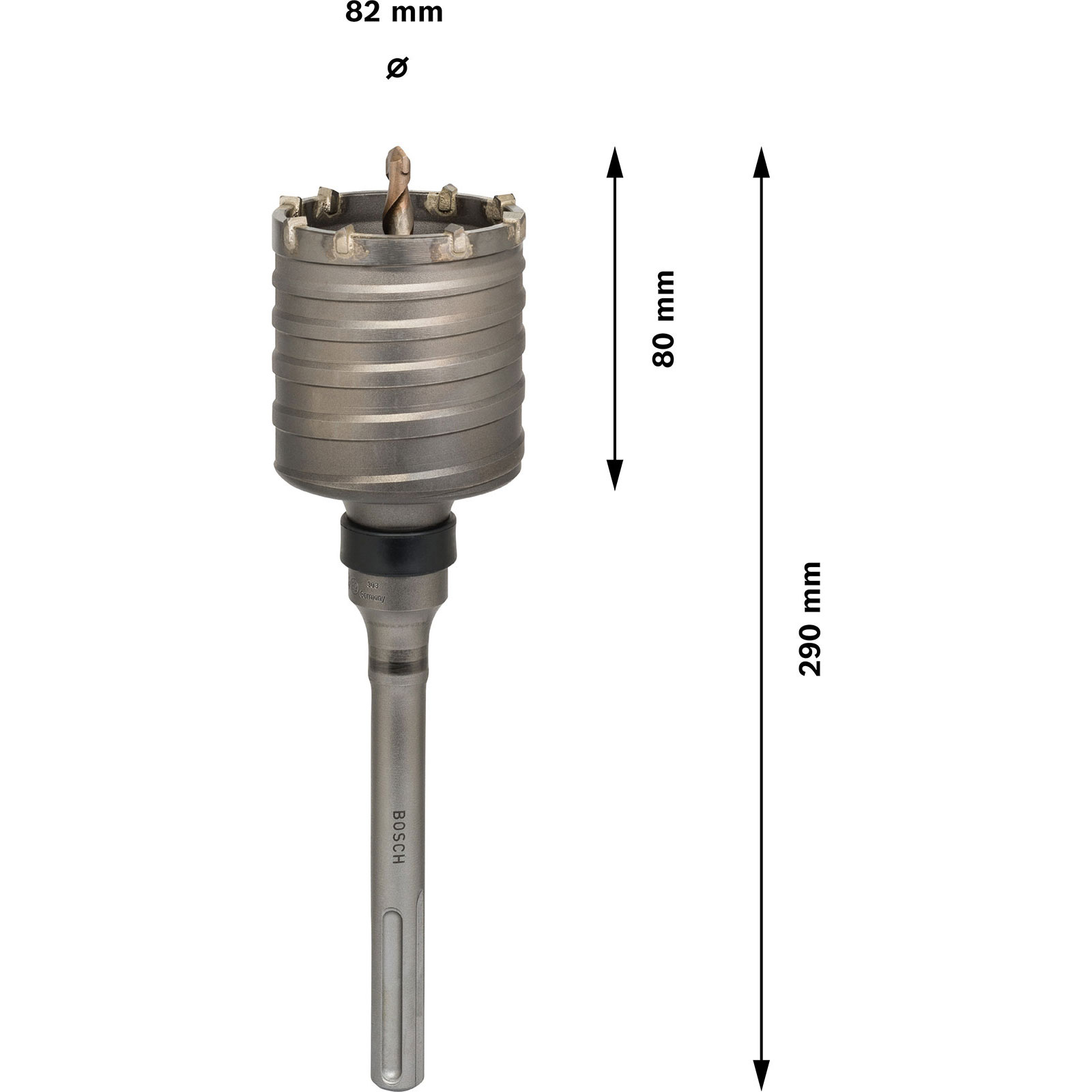 Ein metallischer Kernbohrer mit Maßen. Es ist mit Bosch beschriftet und hat einen Durchmesser von 82 mm und eine Länge von 290 mm.
