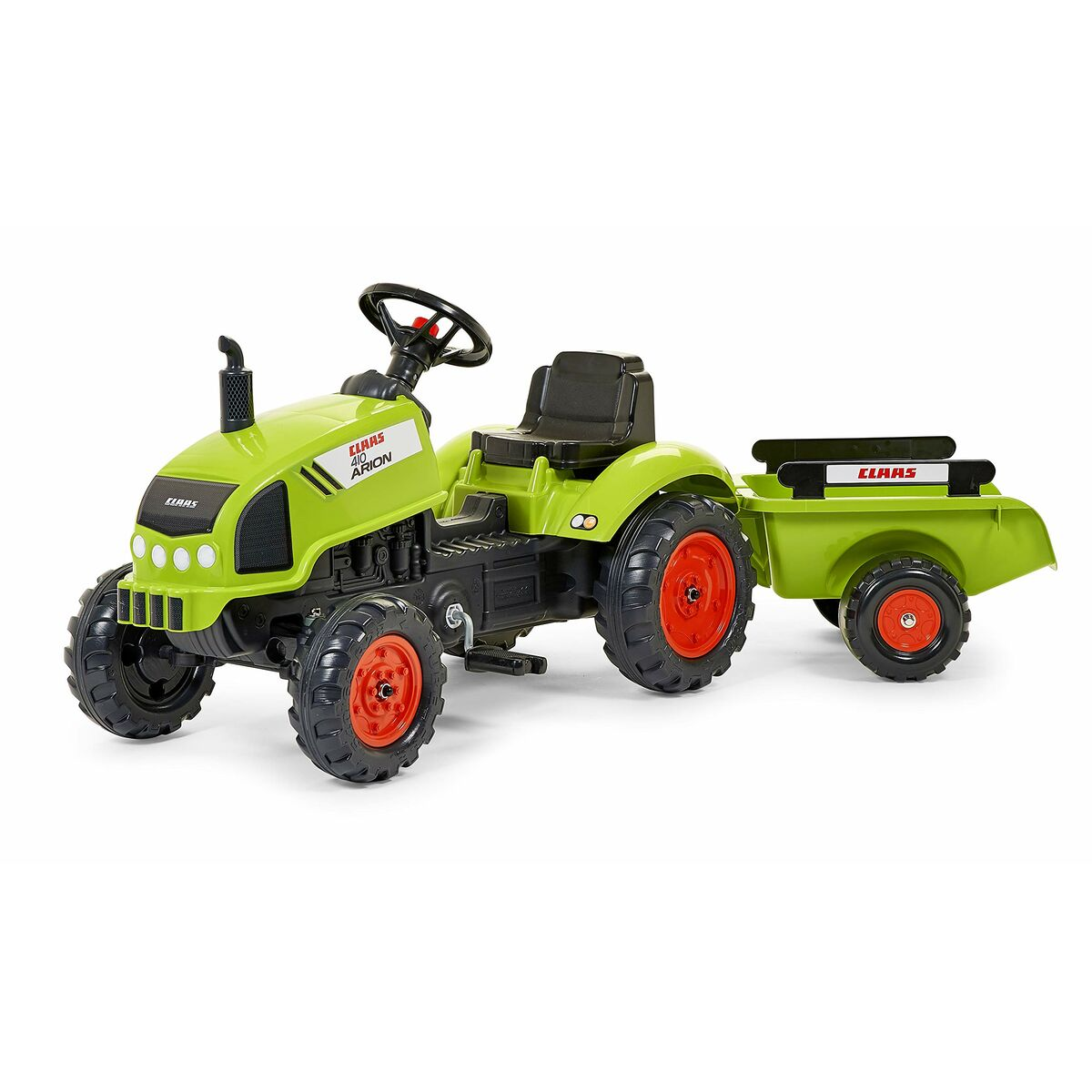 Ein grüner Spielzeugtraktor mit Anhänger. Er hat schwarze Reifen mit roten Felgen. Der Traktor ist mit 'CLAAS' und 'ARION' beschriftet.