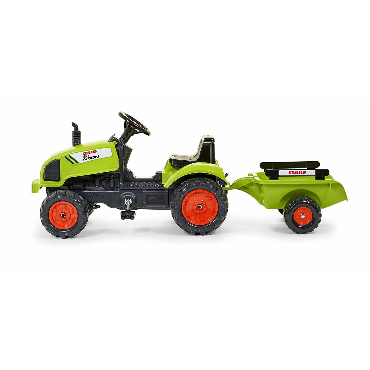 Ein grüner Spielzeugtraktor mit Anhänger. Er hat rote Räder und das Claas Arion Logo. Der Anhänger ist ebenfalls grün mit schwarzen Details.