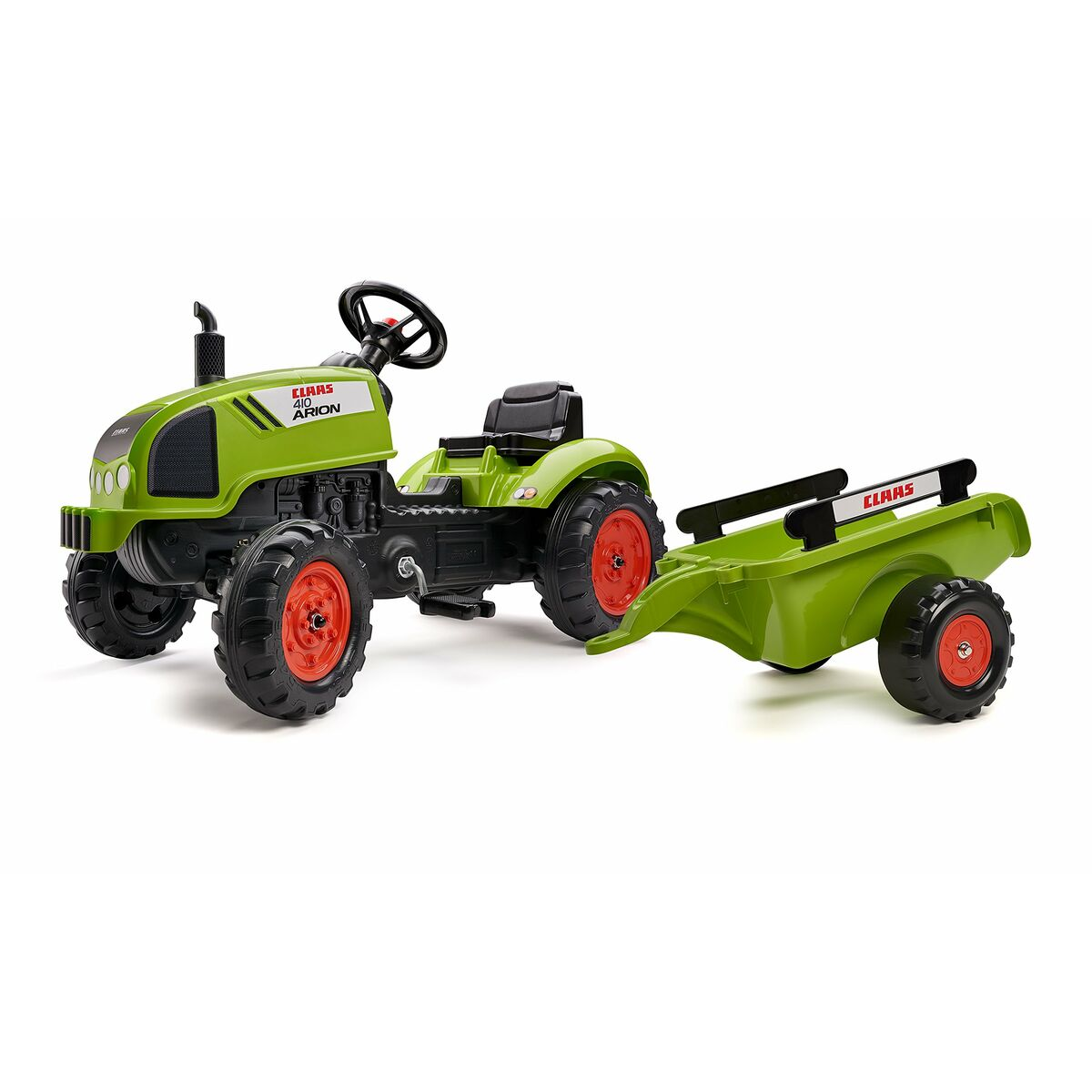 Ein grüner Spielzeugtraktor mit Anhänger. Er hat schwarze Reifen, rote Felgen und das Claas-Logo. Der Anhänger ist auch grün.
