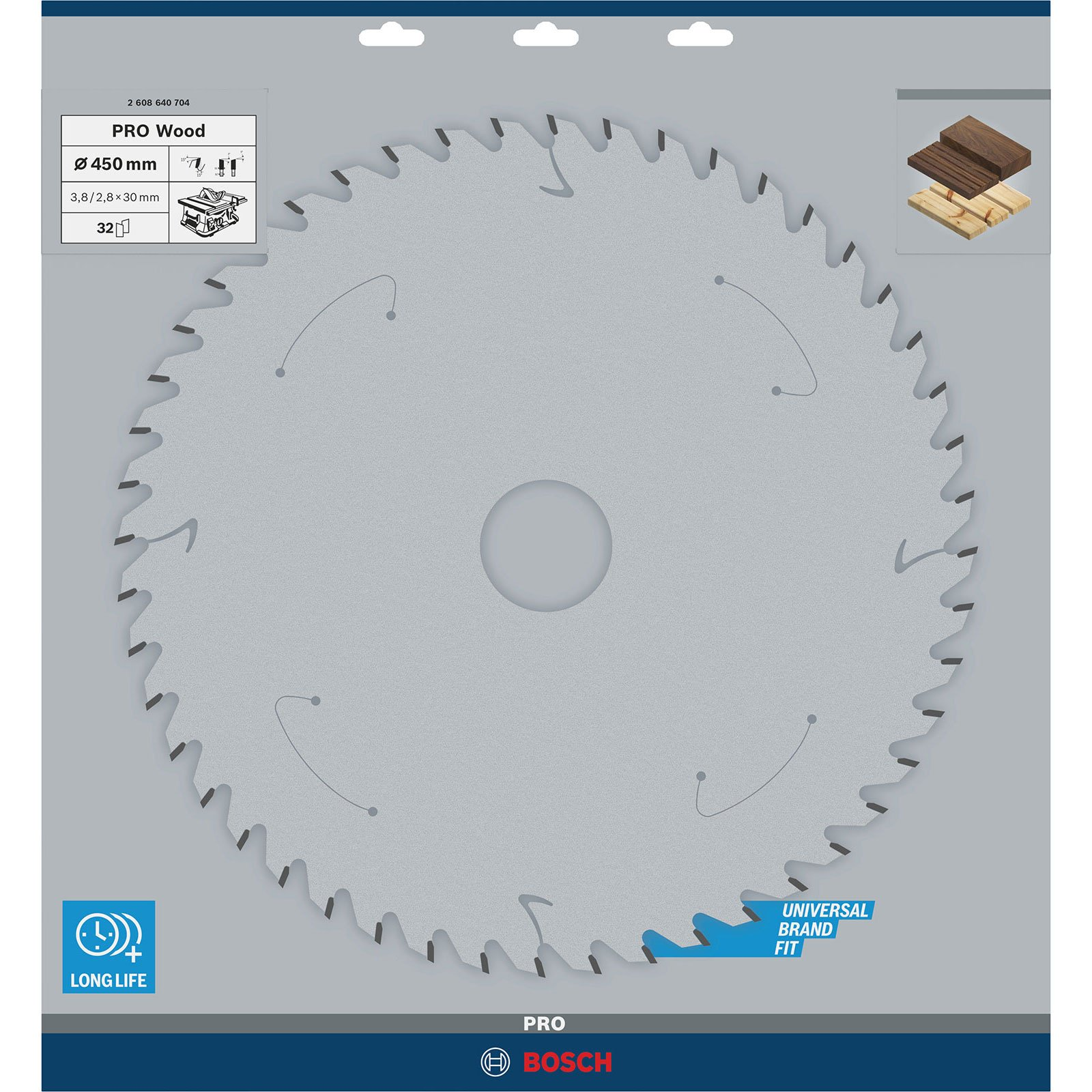 Una lama per sega circolare etichettata 'PRO Wood' con un diametro di 450 mm. La lama è grigia con denti neri e un logo blu.