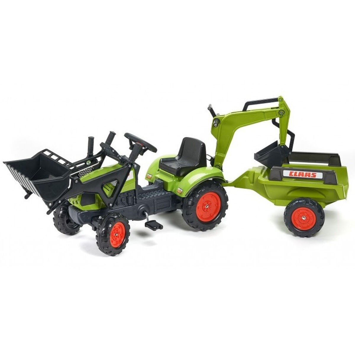 Ein grüner und schwarzer Spielzeugtraktor mit Anhänger. Der Traktor hat rote Räder und einen schwarzen Sitz. Der Anhänger hat das Wort 'CLAAS'.