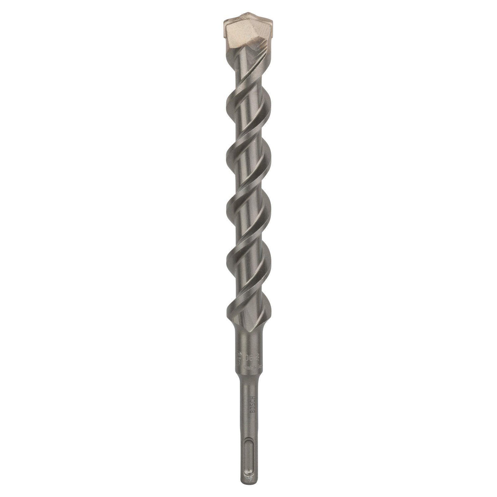 Una punta di metallo contro uno sfondo bianco. La punta ha un design a spirale e il marchio "Bosch" è visibile.