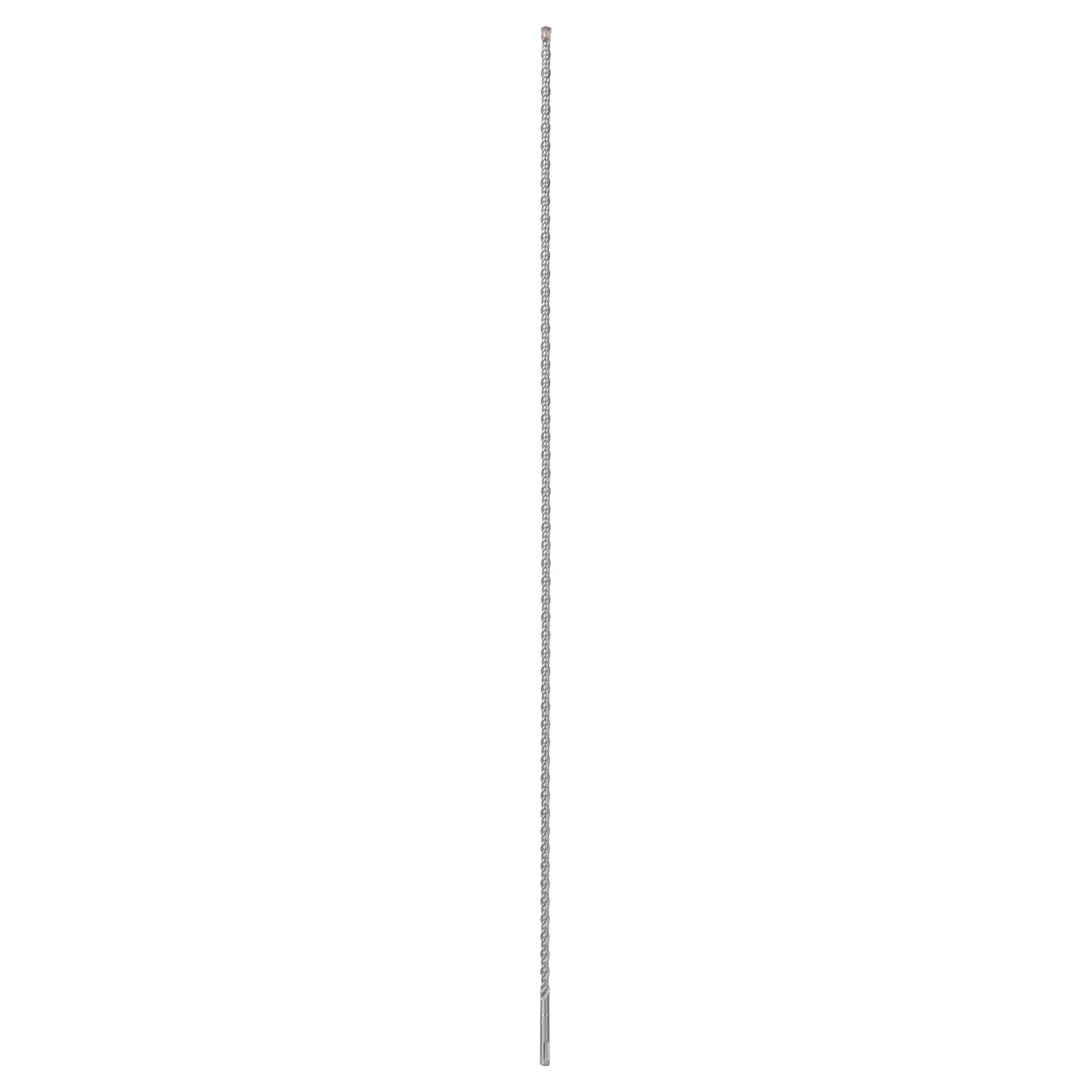 Una lunga punta di trapano argentata su sfondo bianco. È dritta con un design a spirale.