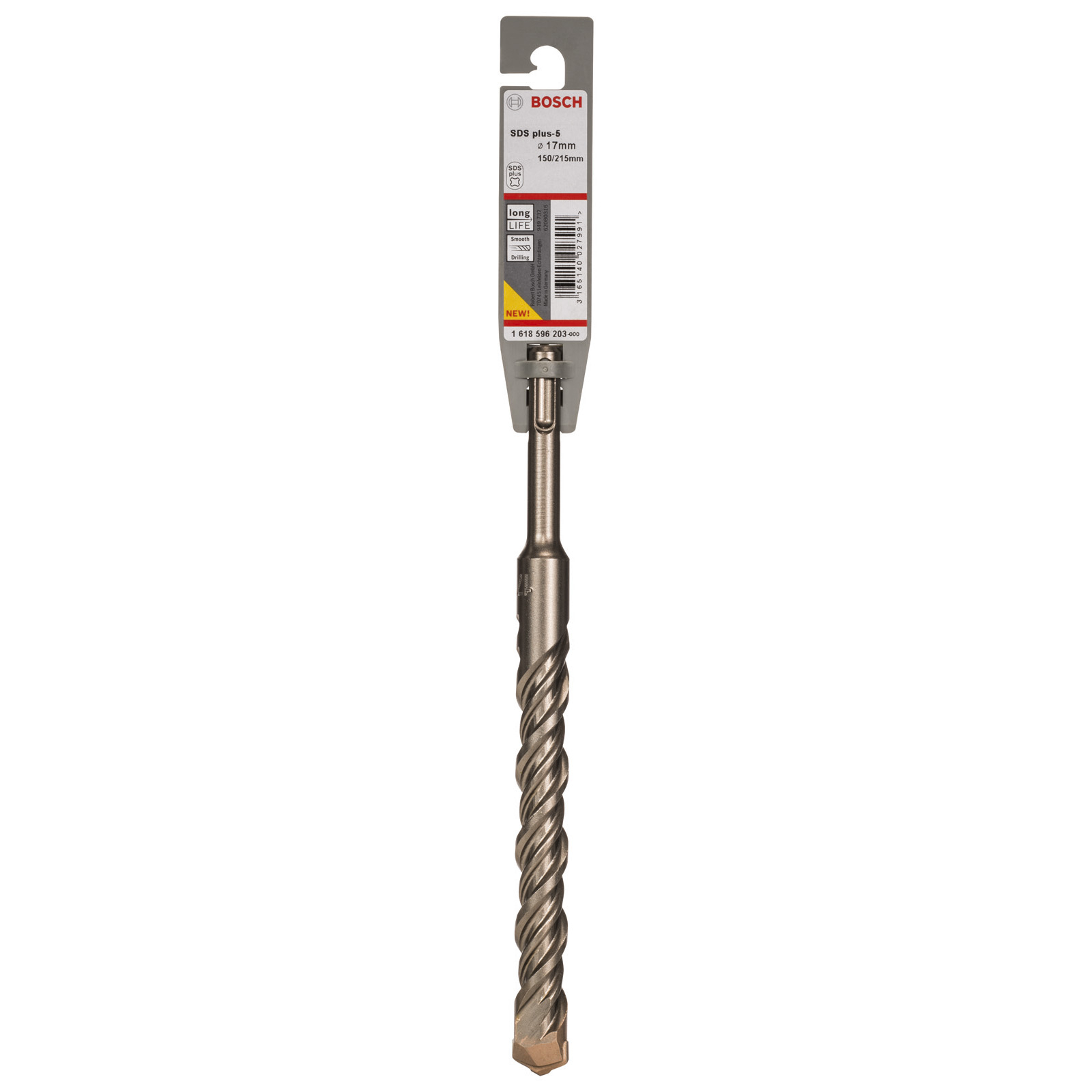 Ein Bosch SDS plus-5 Bohrer. Er hat einen grauen Körper mit einem gedrehten Bohrkopf und einem Verpackungsetikett.