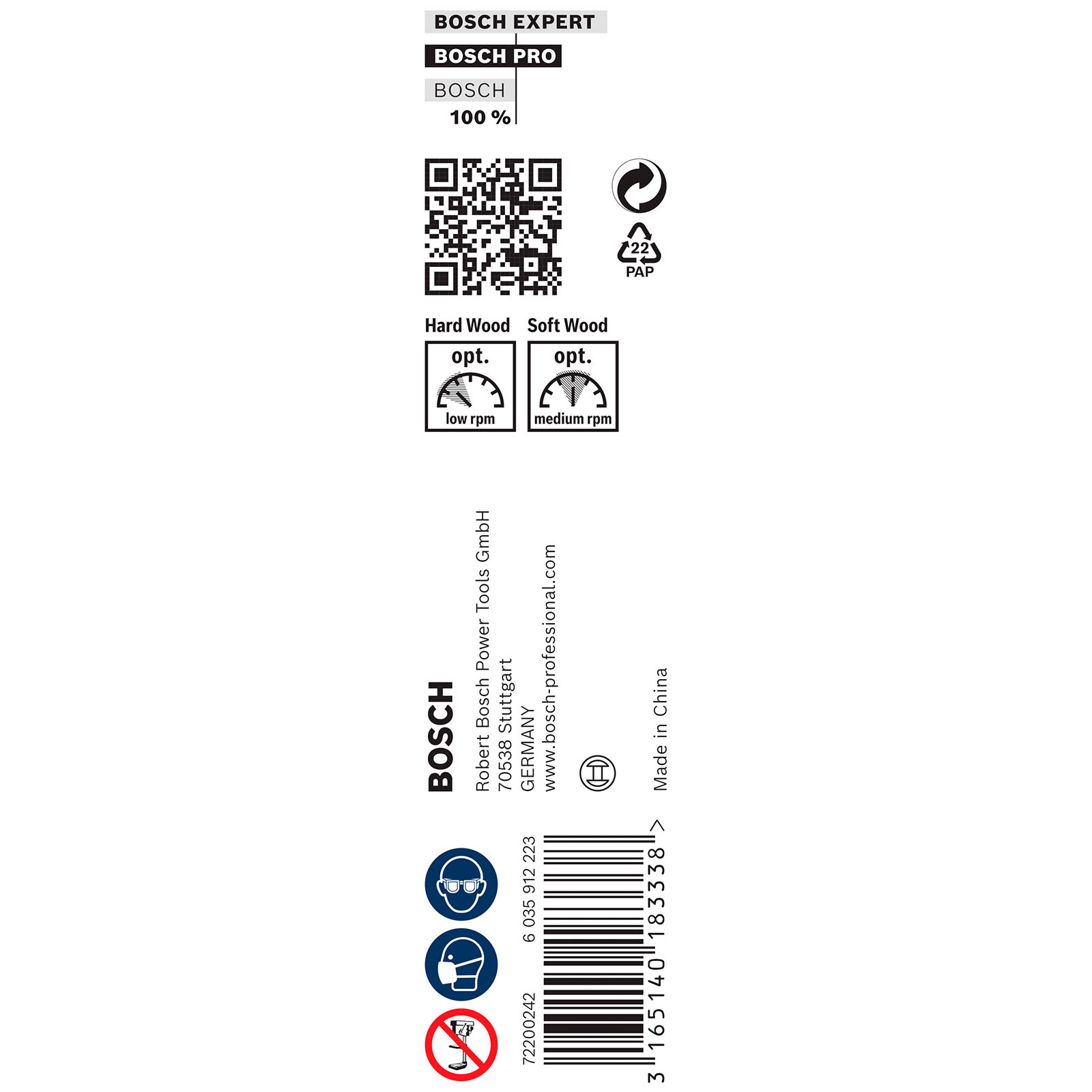 Weißer Hintergrund mit Text und Symbolen. Enthält 'BOSCH PRO', 'Hard Wood', 'Soft Wood', QR-Code und Sicherheitssymbole.