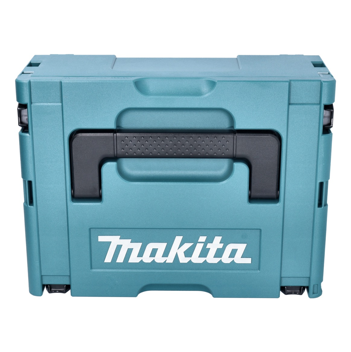 Eine türkisfarbene Makita-Werkzeugkiste mit schwarzem Griff. Der Markenname ist deutlich sichtbar. Die Werkzeugkiste ist geschlossen.