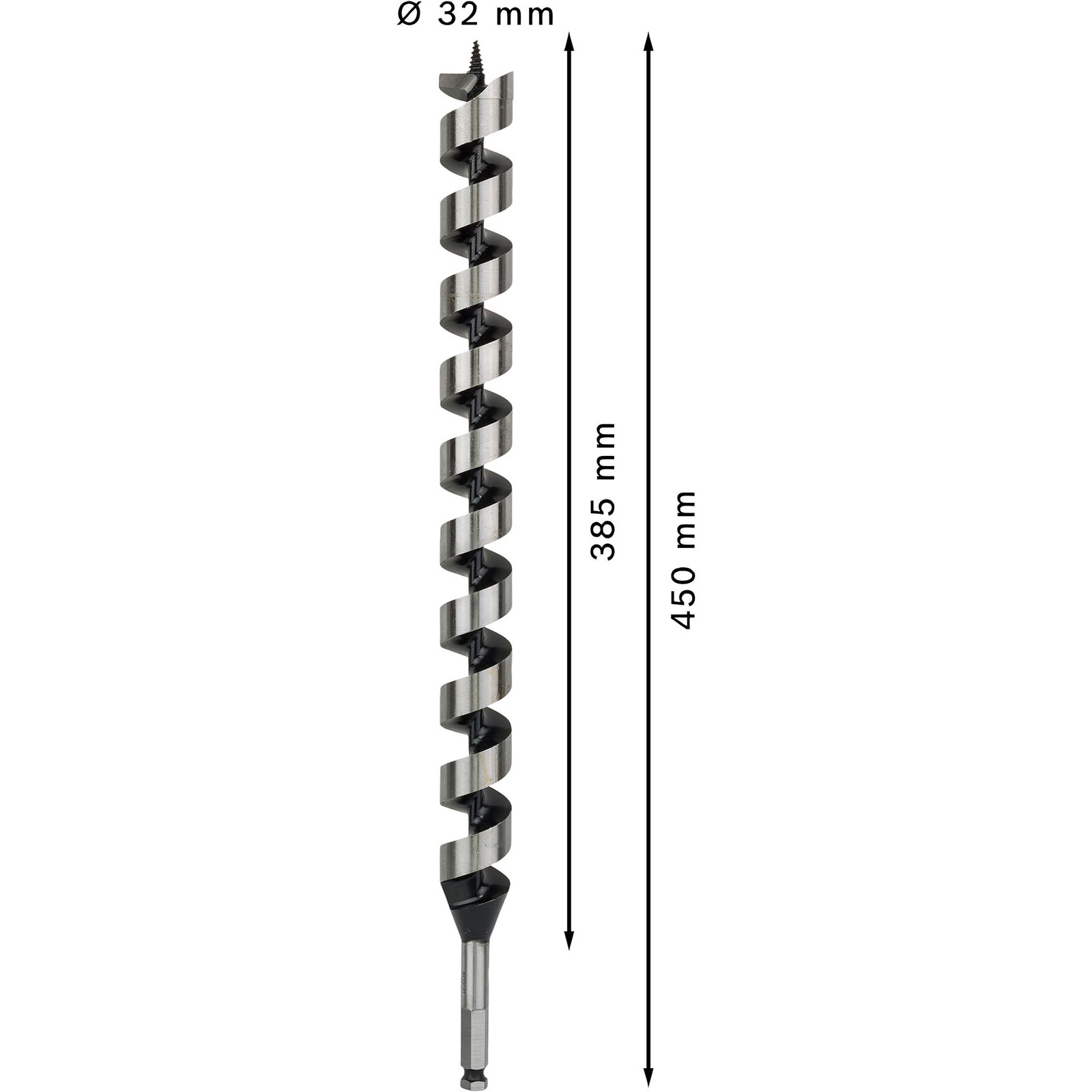 Silberner Holzbohrer mit Spiraldesign. Maße: 32 mm Durchmesser, 385 mm und 450 mm Länge.