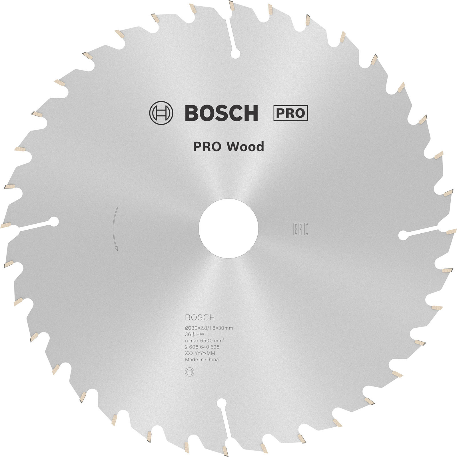 Una lama per sega circolare con il logo 'BOSCH PRO'. È argentata con denti da taglio sul bordo. C'è scritto 'PRO Wood'.