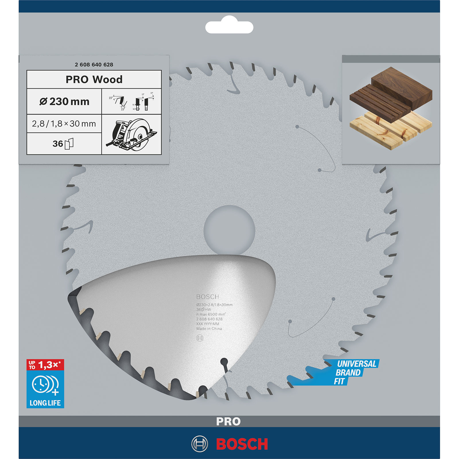 Una lama per sega circolare con testo e diagrammi, tra cui 'PRO Wood' e 'BOSCH'. I denti della sega sono visibili. Vengono mostrati campioni di legno.