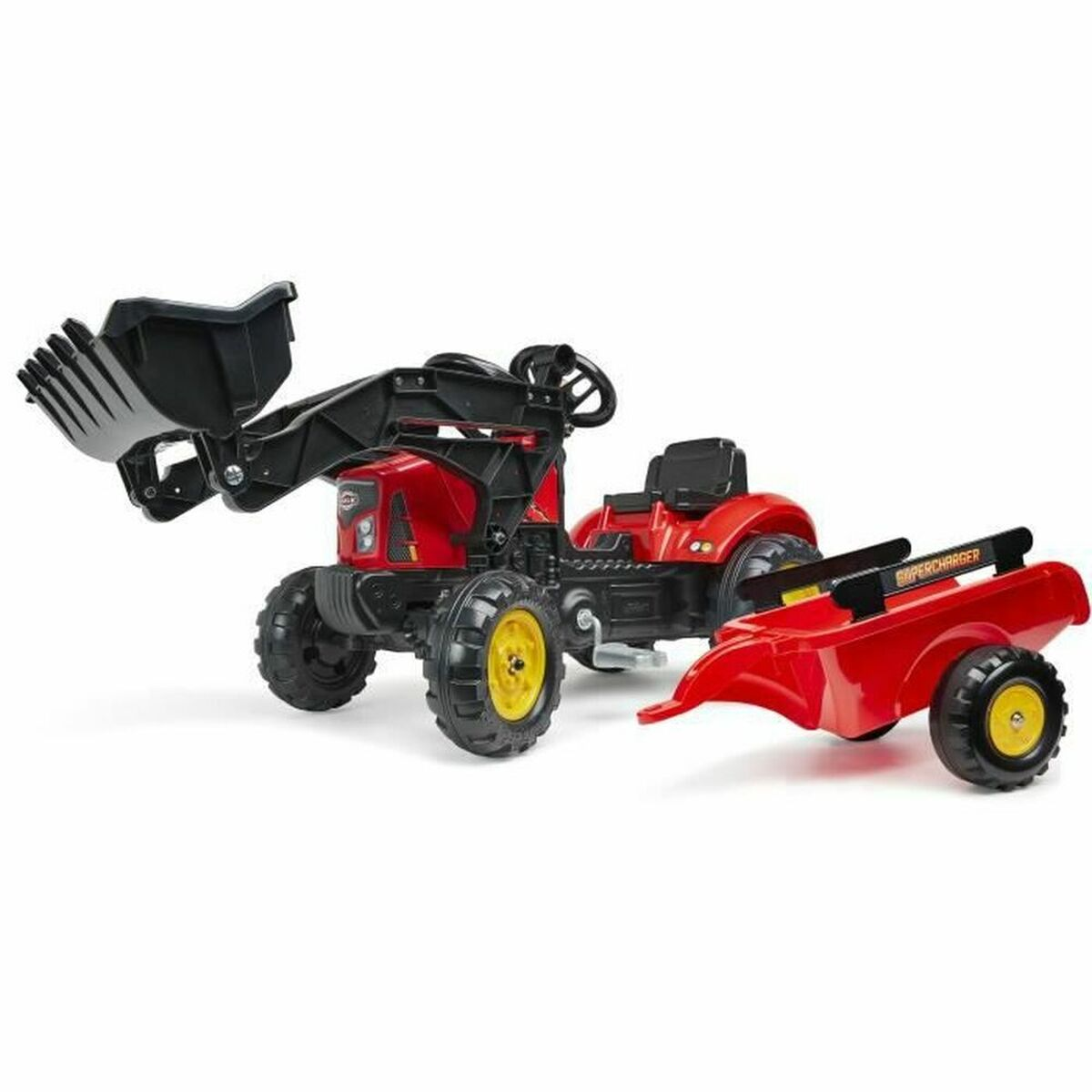 Ein roter Spielzeugtraktor mit Frontlader und rotem Anhänger. Der Traktor hat gelbe Räder und einen schwarzen Lader.