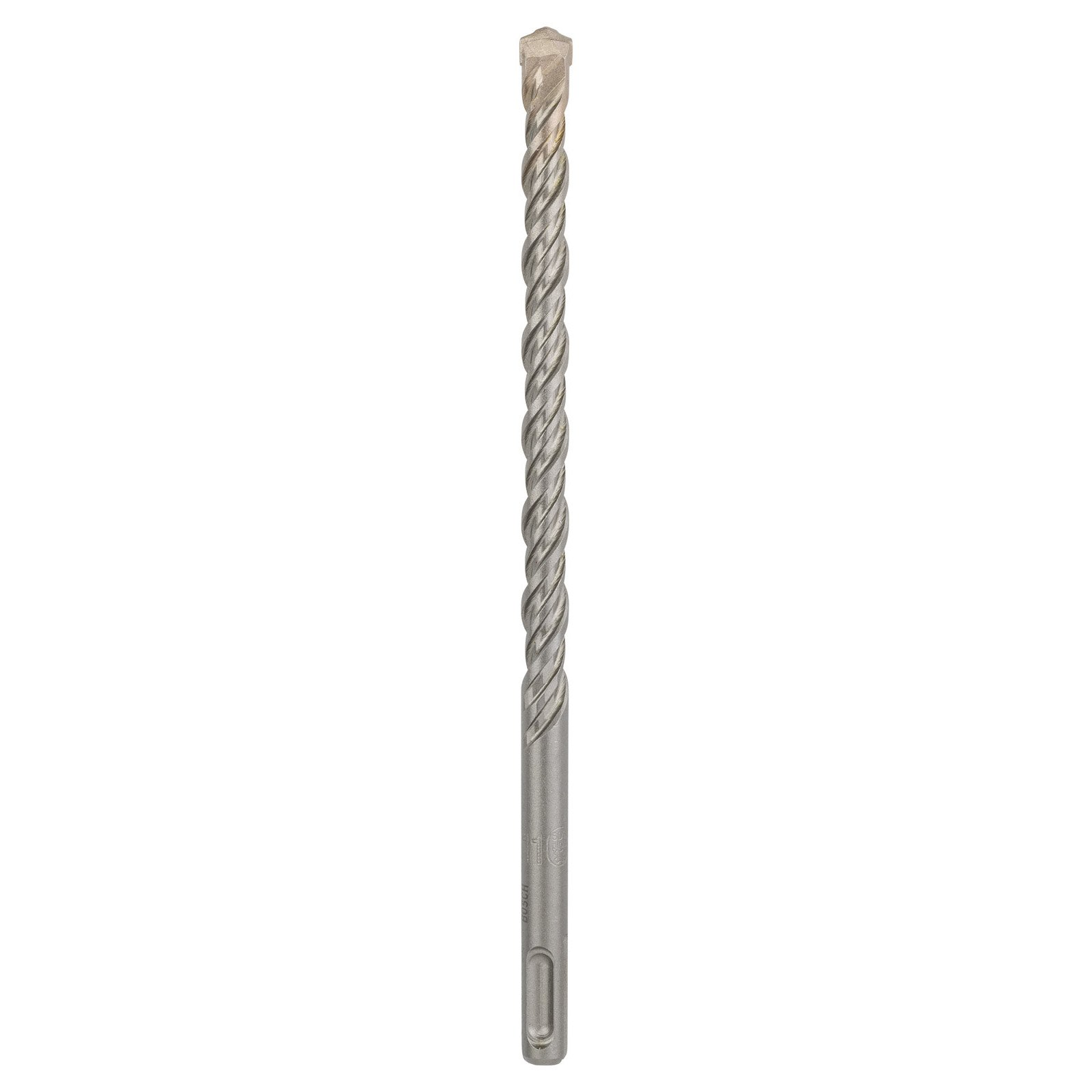 Una broca plateada con un eje en espiral y una punta hexagonal se muestra sobre un fondo blanco.