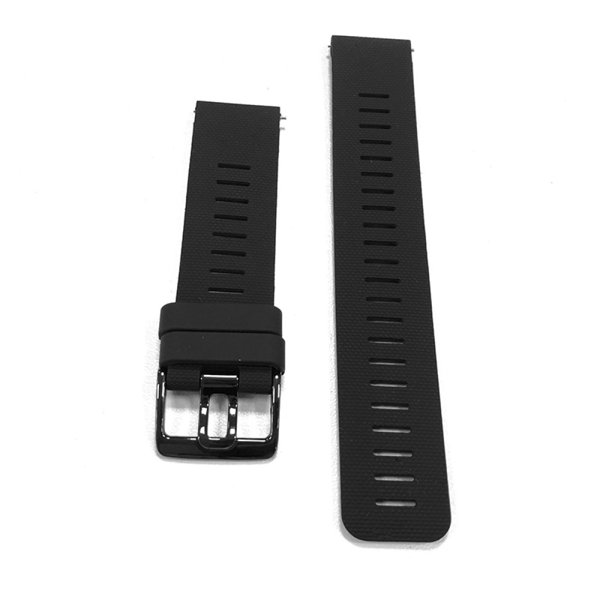 Zwei schwarze Uhrenarmbänder auf weißem Hintergrund. Eines hat eine Schnalle.