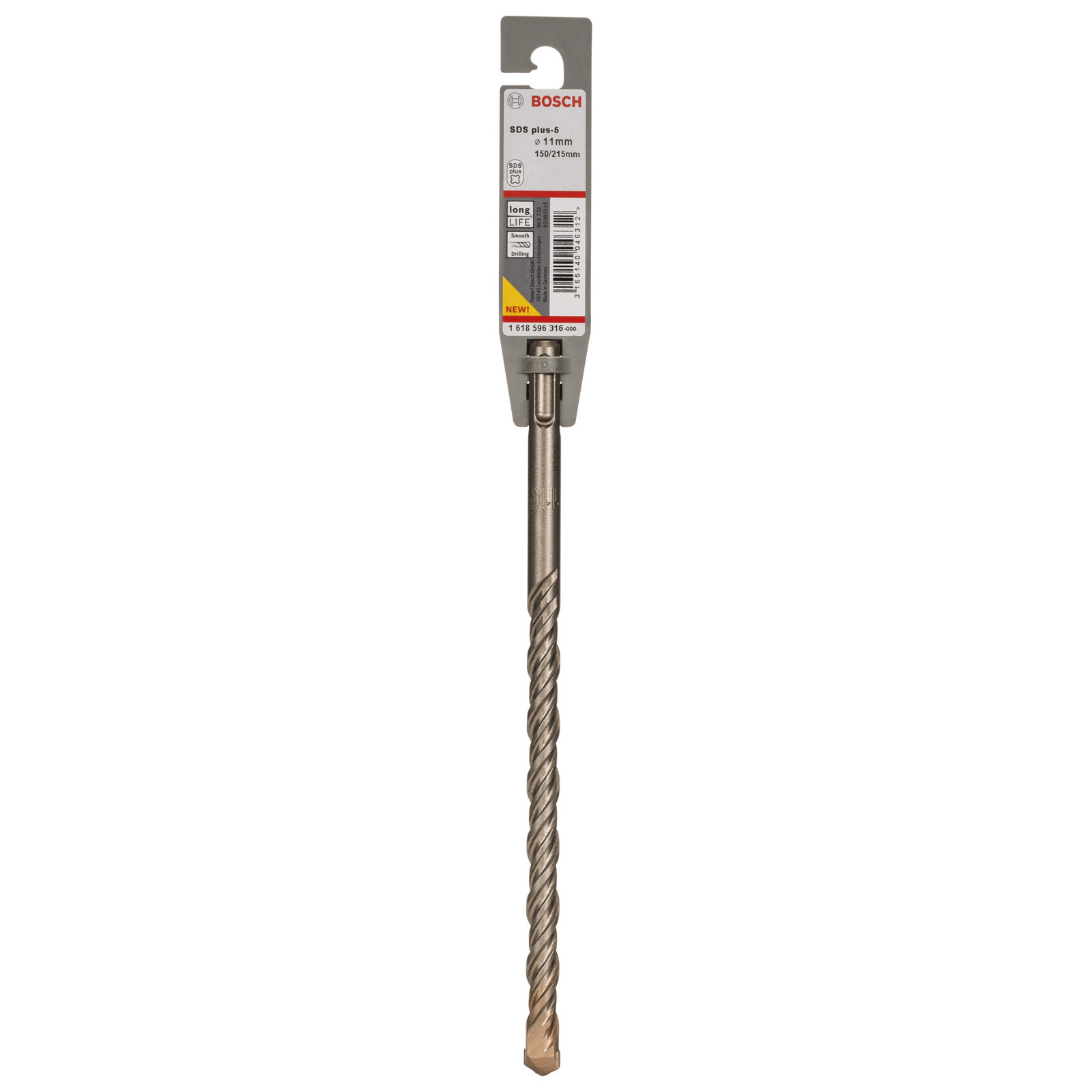 Una broca Bosch SDS plus-5. Es gris y tiene un diseño en espiral. El paquete es blanco y rojo.