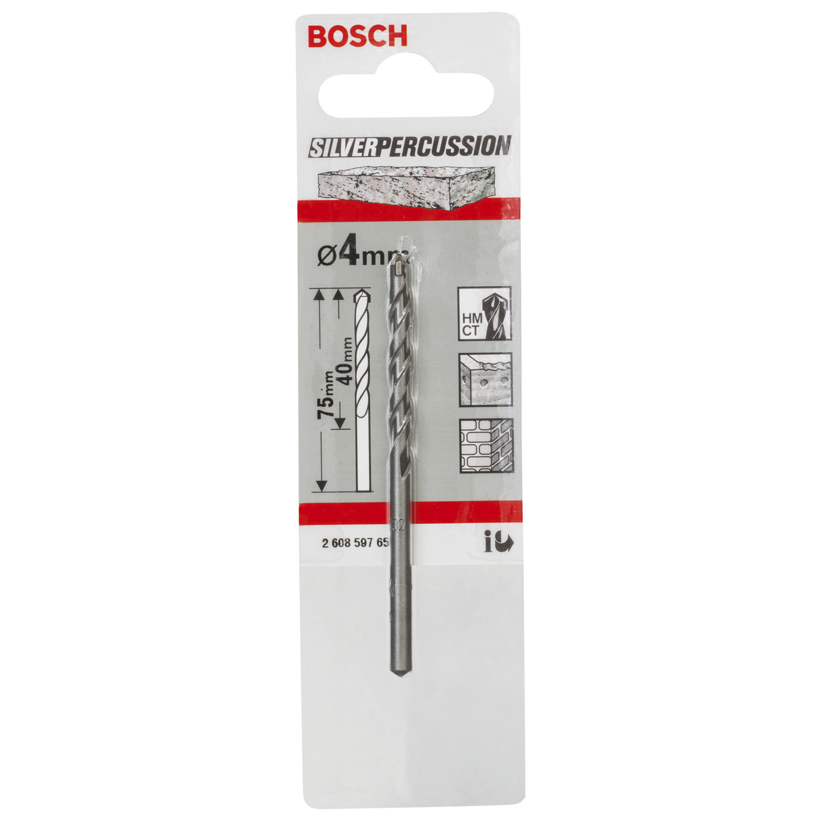 Eine Bosch-Bohrerverpackung. Der Bohrer ist silberfarben, mit einem schwarz-weißen Etikett. Text enthält Produktdetails und Abmessungen.