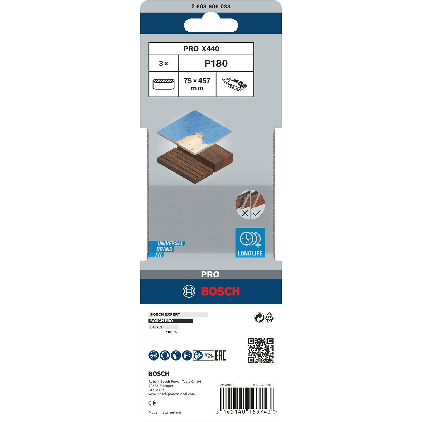 Eine Bosch PRO X440 Sägeblattverpackung. Sie zeigt Holzproben und Produktinformationen. Grau, Blau und Braun dominieren.