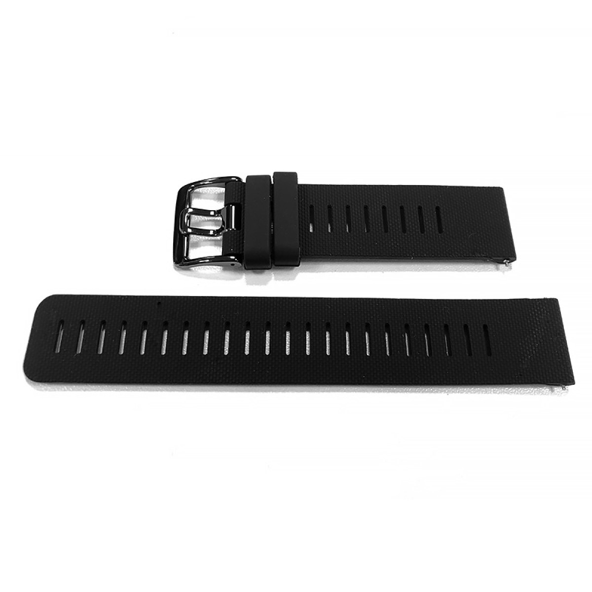 Zwei schwarze Uhrenarmbänder auf weißem Untergrund. Eines hat eine Schnalle. Beide haben vertikale Schlitze. Der Untergrund ist weiß.