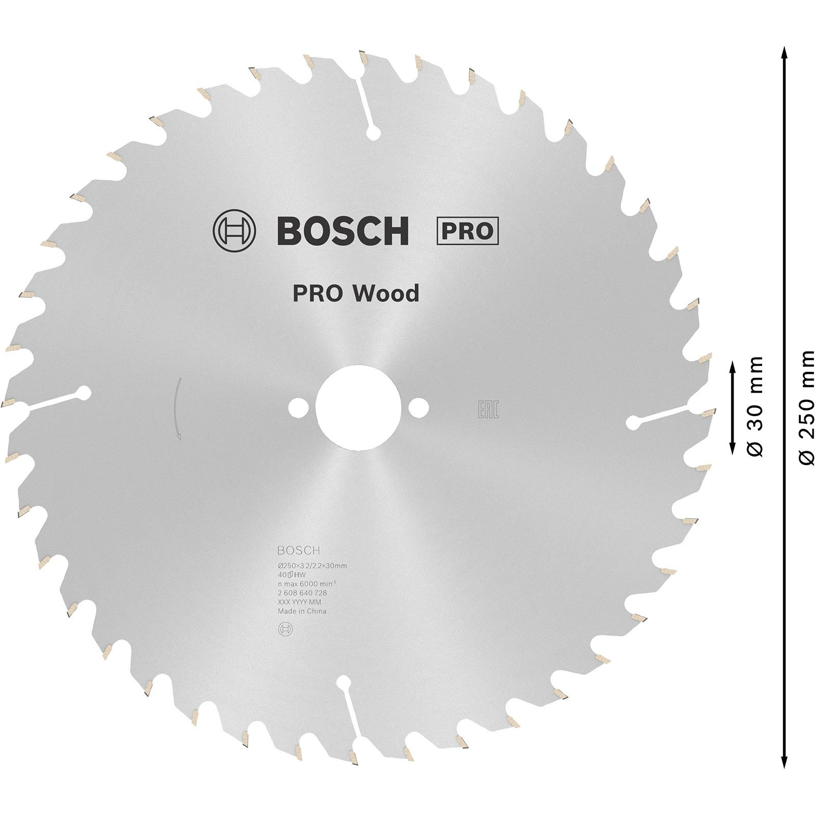 Ein kreisförmiges Sägeblatt von Bosch. Es ist silberfarben und trägt den Markennamen und 'PRO Wood'. Abmessungen sind ebenfalls angegeben.