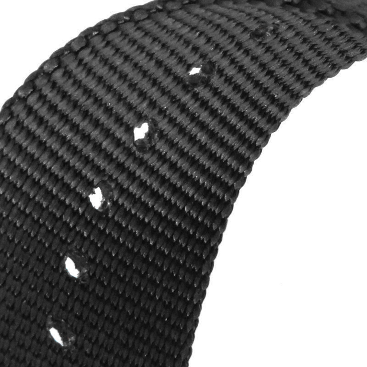 Zbliżenie czarnej tkanej tkaniny z kilkoma białymi otworami w kształcie owalu. Widoczna tekstura. Białe tło.