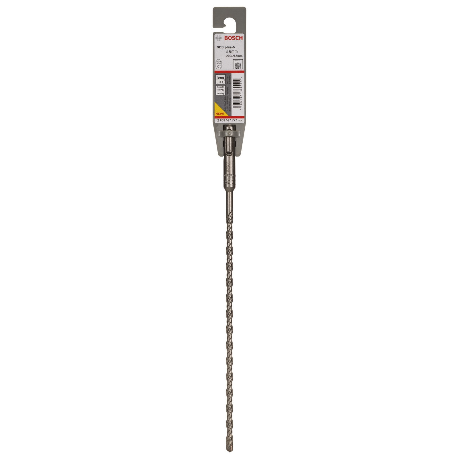 Ein Bosch SDS plus-5 Bohrer, 6mm, mit Verpackung. Der Bohrer ist lang und metallisch mit Spiraldesign.