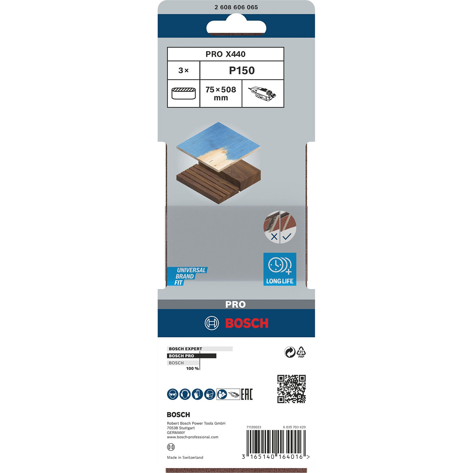Eine Bosch PRO X440-Verpackung mit einer Sägeblattgrafik. Sie zeigt ein gesägtes Holzbrett. Die Verpackung hat Produktdetails.